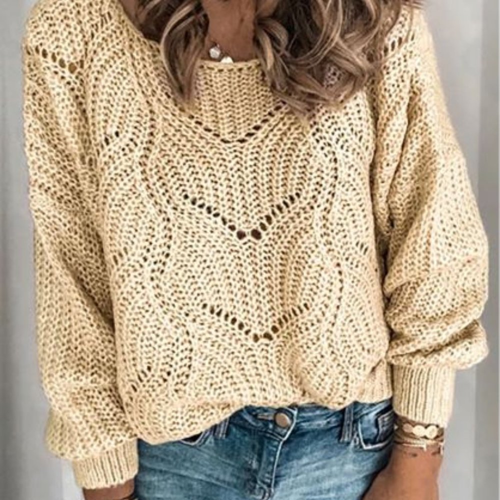 Khaki Hollow-out Round Neck Knitted Sweater
